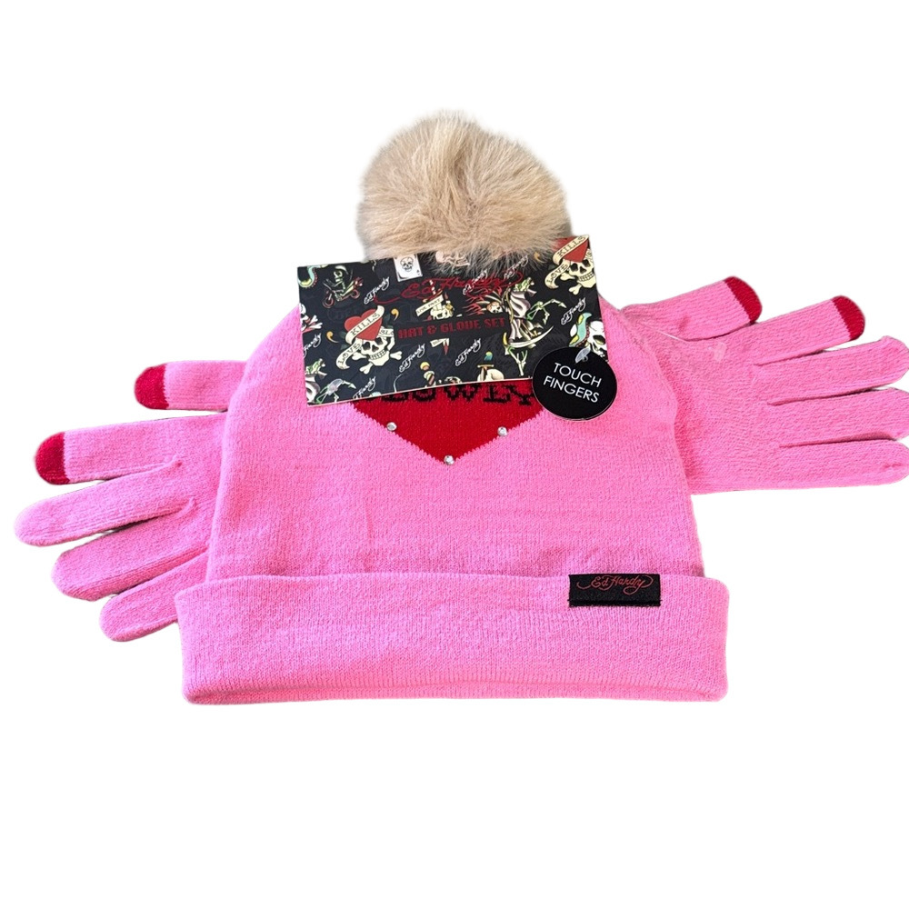 Ed Hardy Pink Hat and Gloves Set with Pom-Pom Love Kills Slowly NWT